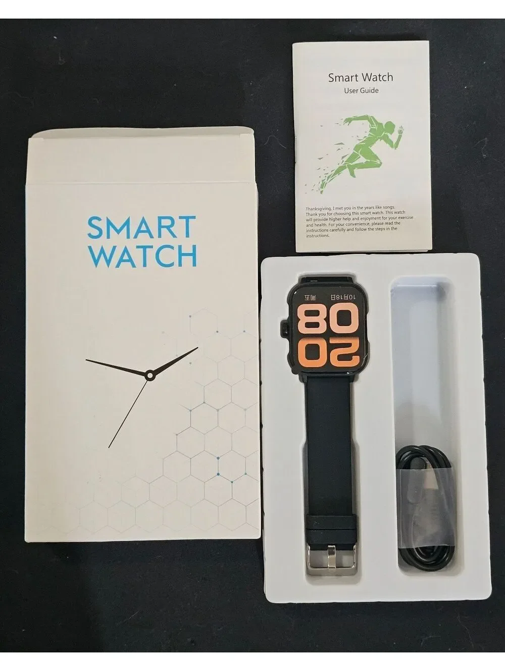 Smart Watch with Black Silicone Band and User Guide